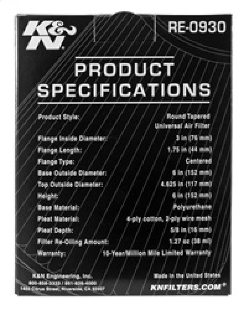K&N Universal Rubber Filter - Round Tapered 6in Base OD x 3in Flange ID x 6in H - Racecraft Industries
