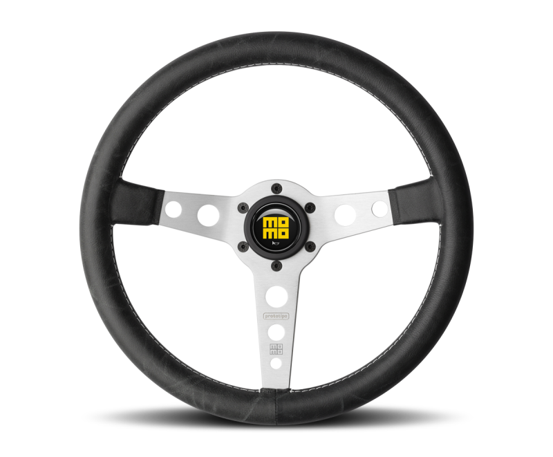 Momo Prototipo Steering Wheel 350 mm - Black Leather/White Stitch/Brshd Spokes - Racecraft Industries