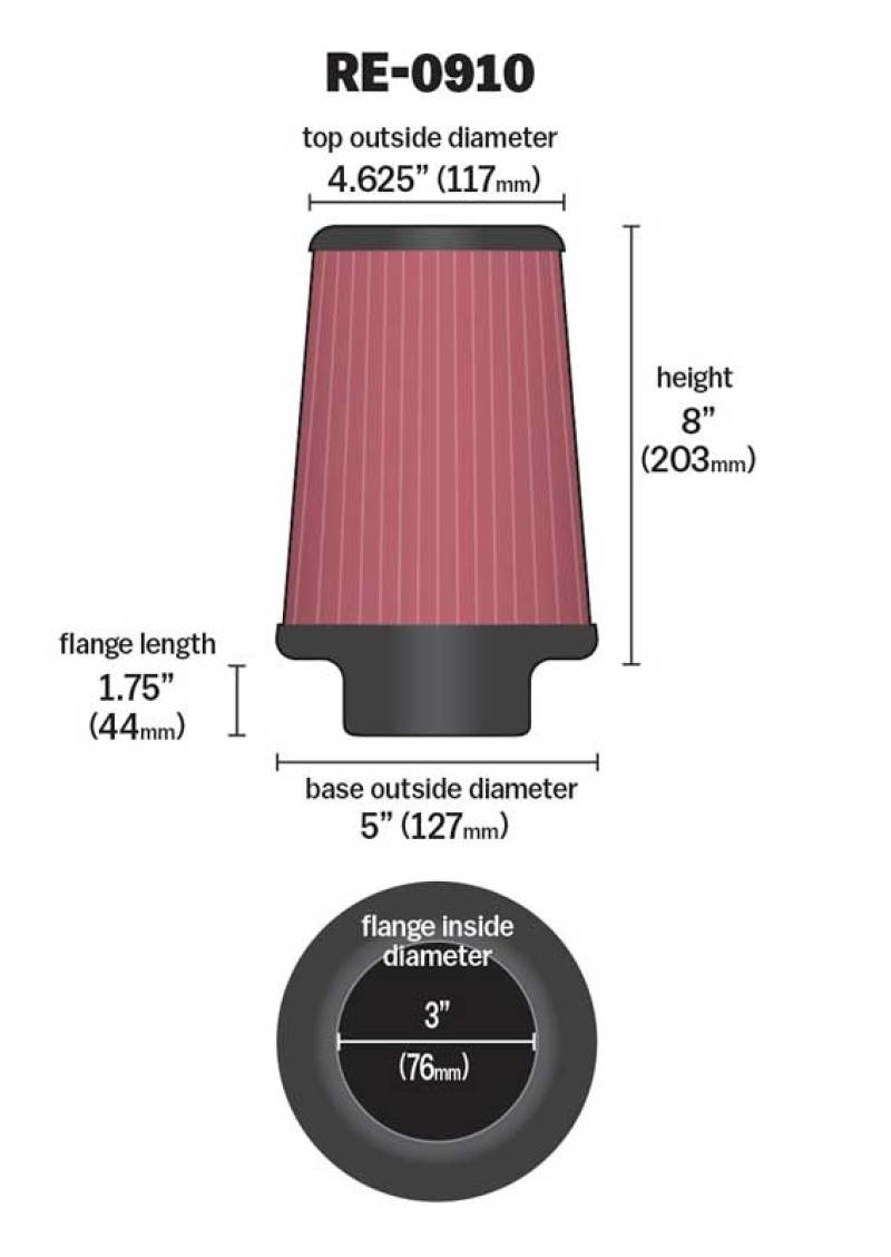 K&N Universal Rubber Filter 3inch FLG / 5inch OD-B / 4-5/8inch OD-T / 8inch H - Racecraft Industries