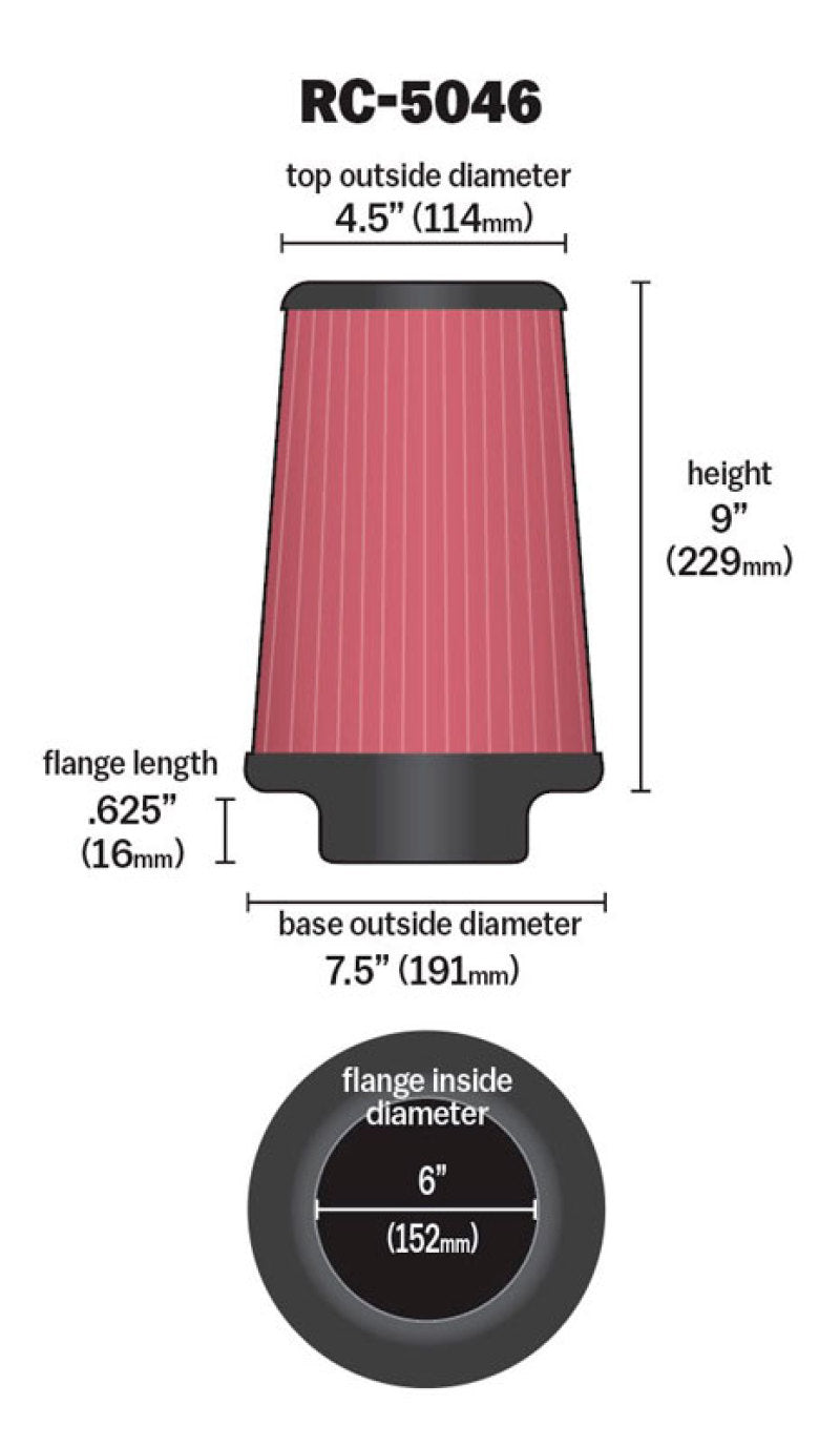 K&N Universal Chrome Filter 6 inch FLG / 7.5 inch Base / 4.5 inch Top / 9 inch Height - Racecraft Industries