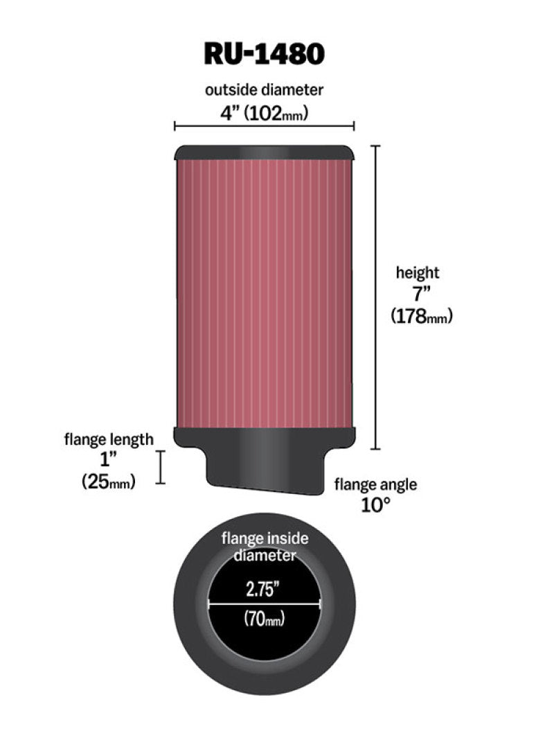 K&N Filter Universal Rubber Filter 10 Degree Flange Angle 4in OD x 2.75in Flange ID x 7in H - Racecraft Industries