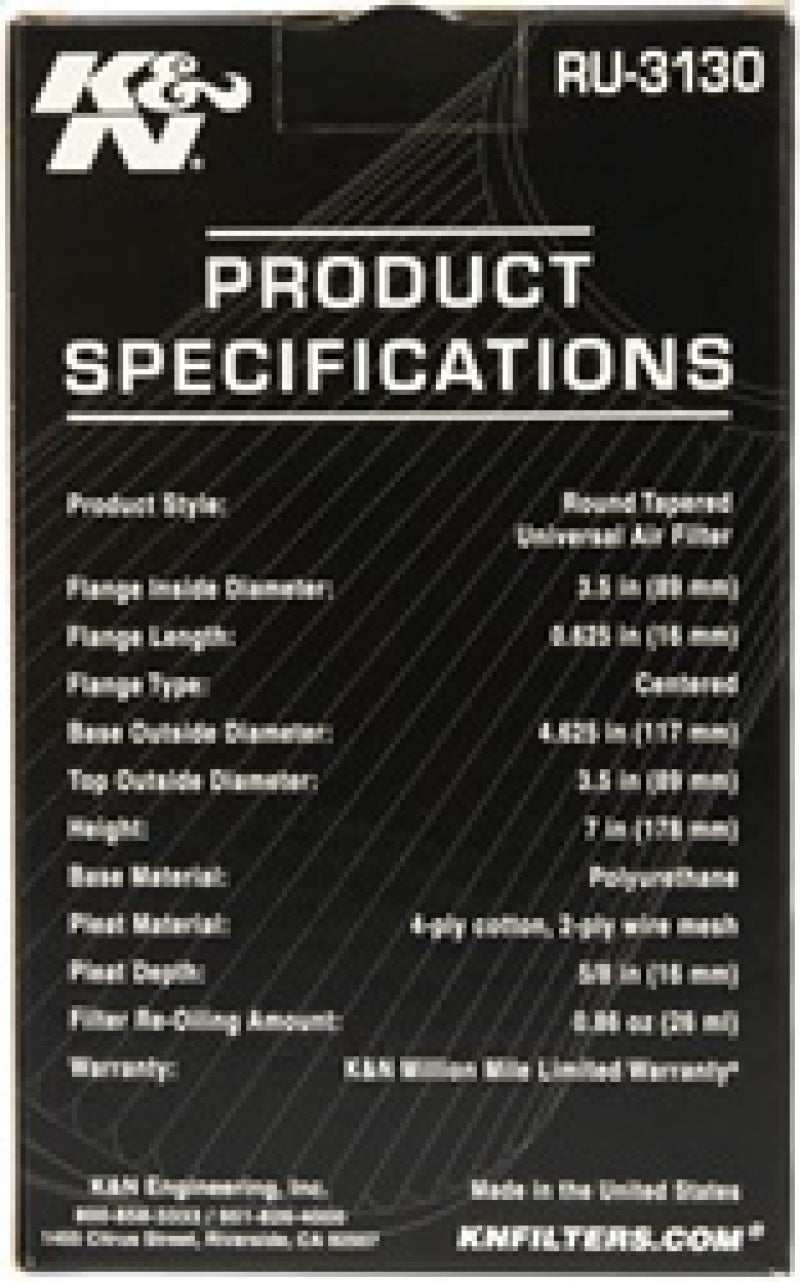 K&N Filter Universal Rubber Filter 3 1/2 inch Flange 4 5/8 inch Base 3 1/2 inch Top 7 inch Height - Racecraft Industries