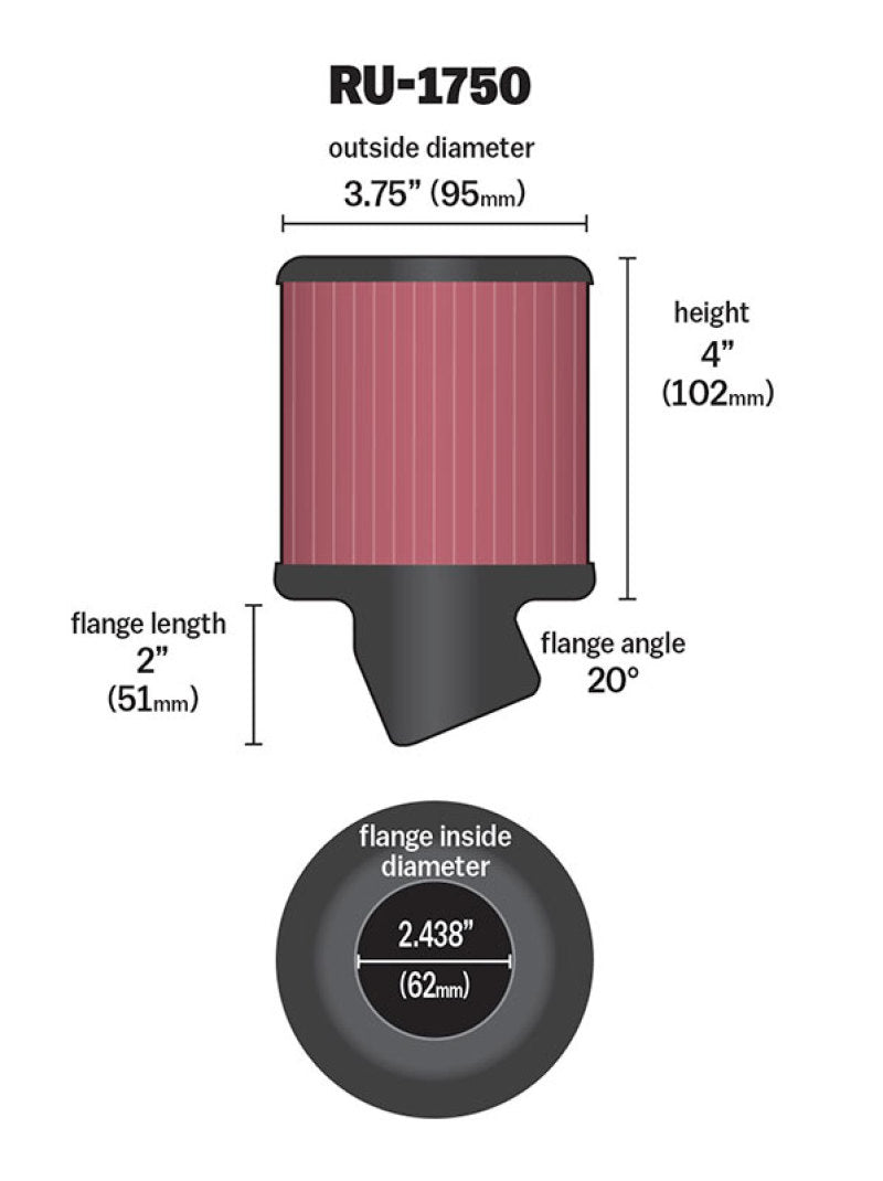 K&N Filter Universal Rubber Round Straight Filter 20 Deg Angled 2-7/16in Flange 3-3/4in OD 4in H - Racecraft Industries