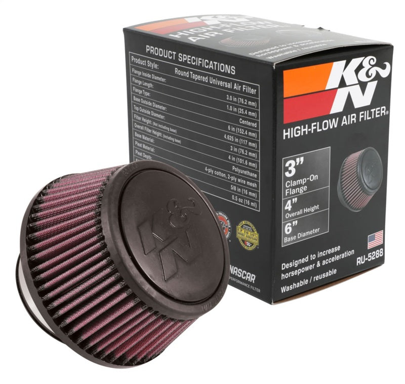 K&N Universal Round Clamp-On Air Filter 3in Flange ID x 6in Base OD x 4.625in Top OD x 3in Height - Racecraft Industries