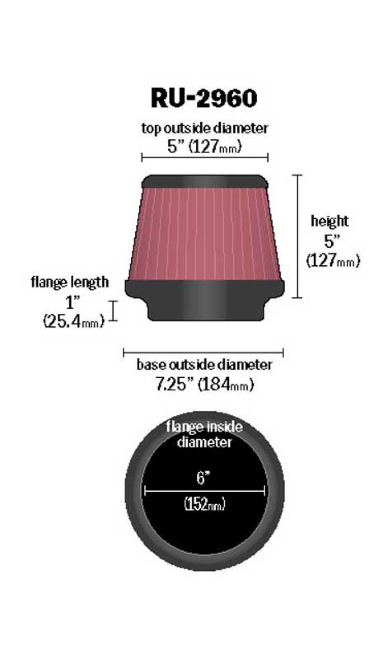K&N Universal Tapered Filter 6in Flange ID x 7.5in Base OD x 5in Top OD x 5in Height - Racecraft Industries
