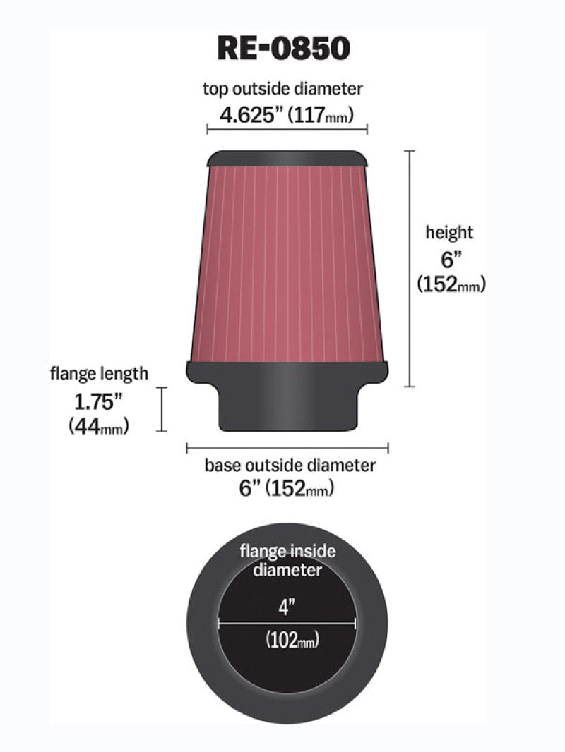 K&N Universal Air Filter (4in. Flange / 6in. Base OD / 4-5/8in. Top OD / 6in. Height) - Racecraft Industries