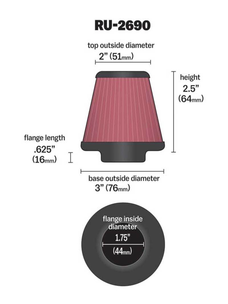 K&N Filter Universal Rubber Filter 1 3/4 inch Flange 3 inch Base 2 inch Top 2.5 inch Height - Racecraft Industries