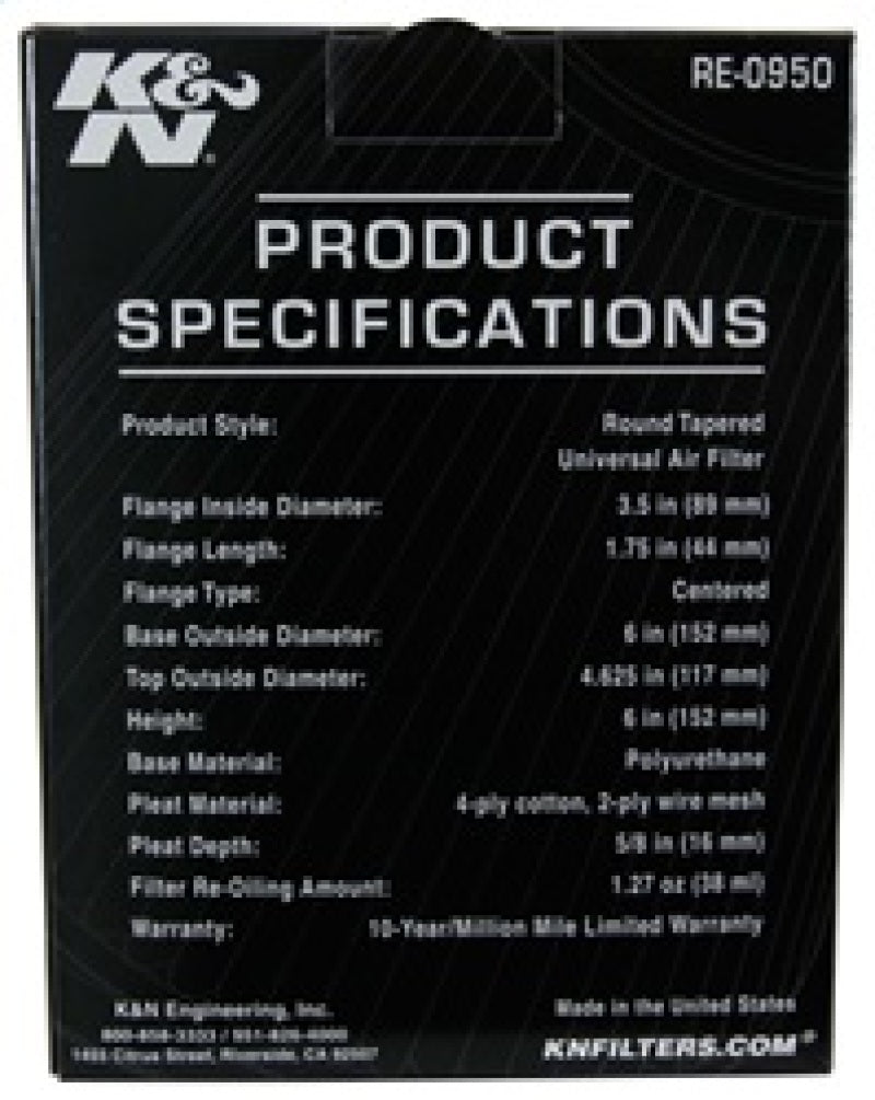 K&N Universal Rubber Filter 3 1/2inch ID FLG / 6inch Base / 4-5/8inch Top / 6inch Height - Racecraft Industries