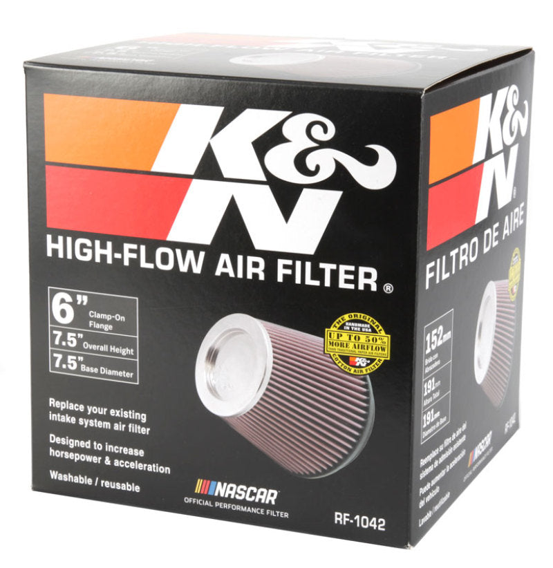 K&N Round Tapered Universal Air Filter 6in Flange ID x 7.5in Base OD x 5in Top OD x 6.5in Height - Racecraft Industries