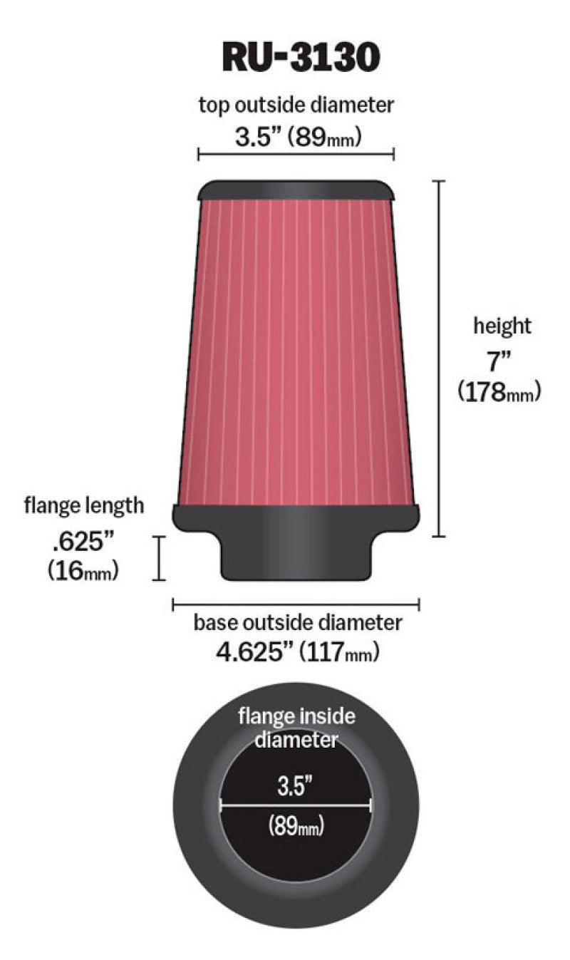 K&N Filter Universal Rubber Filter 3 1/2 inch Flange 4 5/8 inch Base 3 1/2 inch Top 7 inch Height - Racecraft Industries