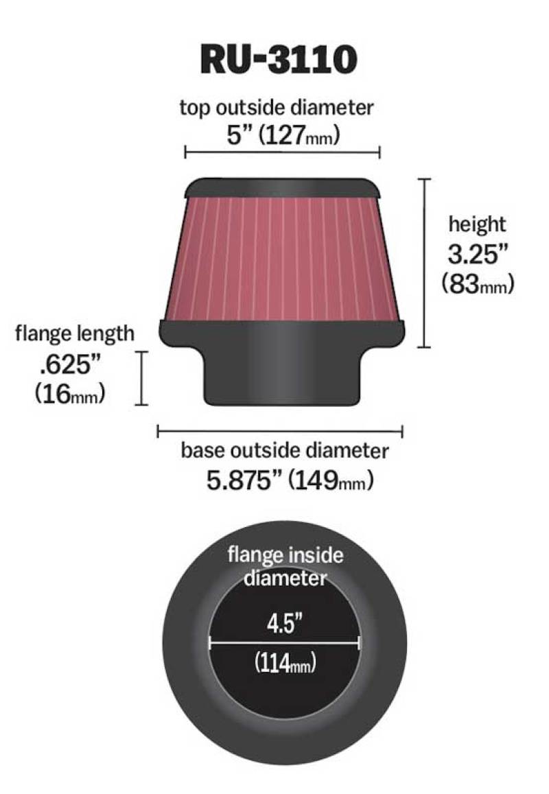 K&N Universal Rubber Filter Round Tapered 4.5in Flange ID x 5.875 Base OD x 5in Top OD x 3.25in H - Racecraft Industries