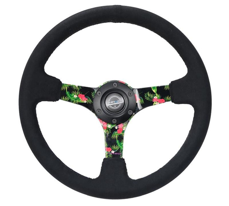 NRG Reinforced Steering Wheel (350mm / 3in. Deep) Black Suede w/ 5mm Floral 3-Spoke Center - Racecraft Industries