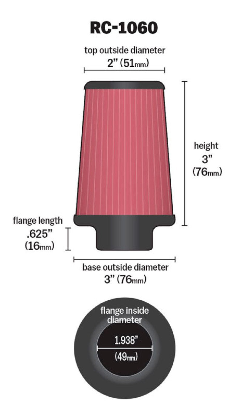 K&N Universal Chrome Filter 1 15/16 inch FLG / 3 inch Base / 2 inch Top / 3 inch Height - Racecraft Industries