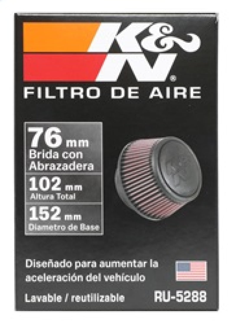 K&N Universal Round Clamp-On Air Filter 3in Flange ID x 6in Base OD x 4.625in Top OD x 3in Height - Racecraft Industries