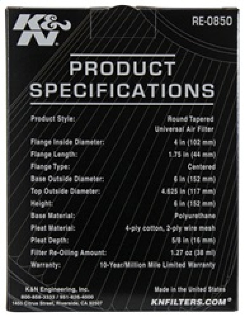 K&N Universal Air Filter (4in. Flange / 6in. Base OD / 4-5/8in. Top OD / 6in. Height) - Racecraft Industries