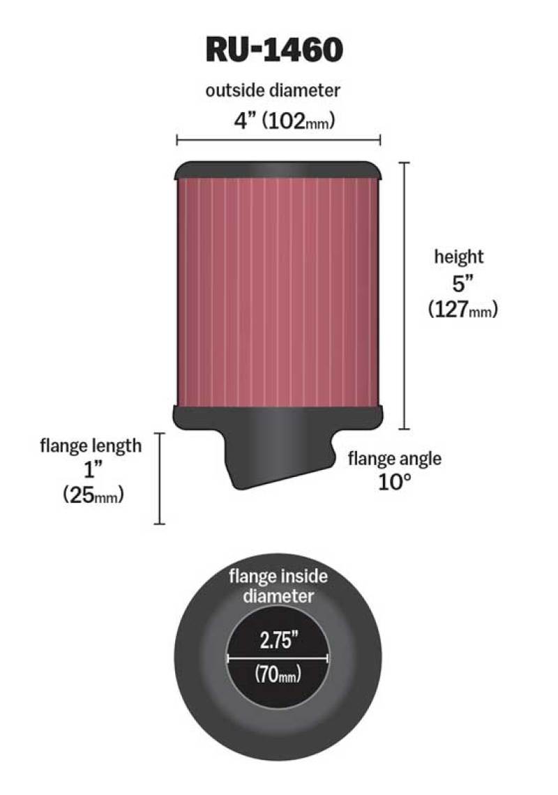 K&N Filter Universal Rubber Filter 2 3/4 inch 10 Degree Flange 4 inch OD 5 inch Height - Racecraft Industries