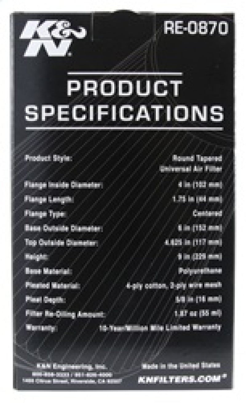 K&N Universal Rubber Filter 4inch FLG / 6inch OD-B / 4-5/8inch OD-T / 9inch H - Racecraft Industries