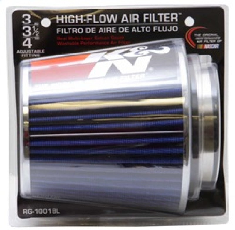 K&N Universal Air Filter Chrome Round Tapered Blue - 4in Flange ID x 1.125in Flange Length x 5.5in H - Racecraft Industries
