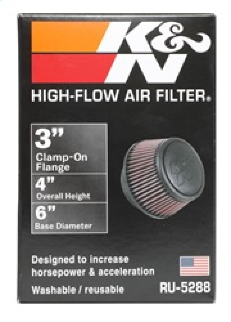 K&N Universal Round Clamp-On Air Filter 3in Flange ID x 6in Base OD x 4.625in Top OD x 3in Height - Racecraft Industries