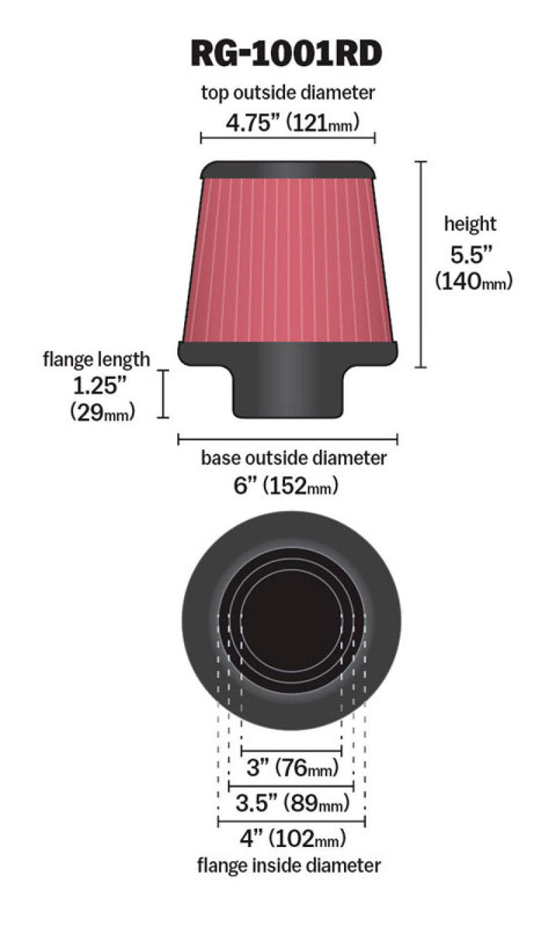 K&N Universal Air Filter Chrome Round Tapered Red - 4in Flange ID x 1.125in Flange Length x 5.5in H - Racecraft Industries