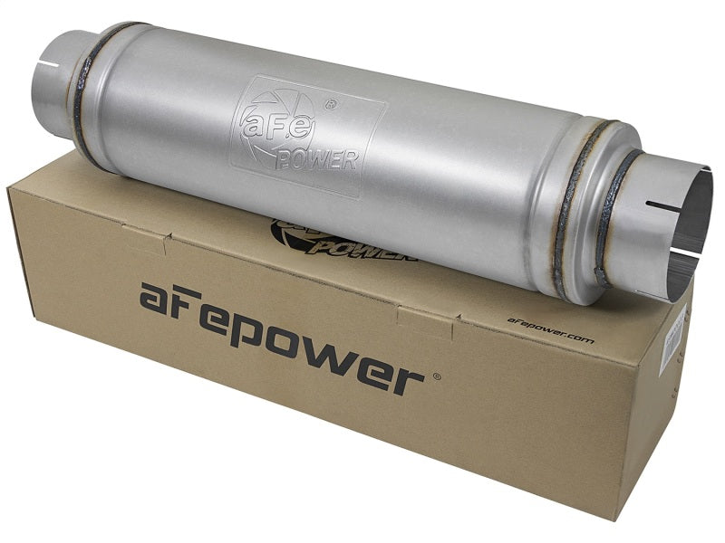 aFe ATLAS Aluminized Steel Muffler 5in Center/Center 24in L x 7in Diameter - Round Body - Racecraft Industries