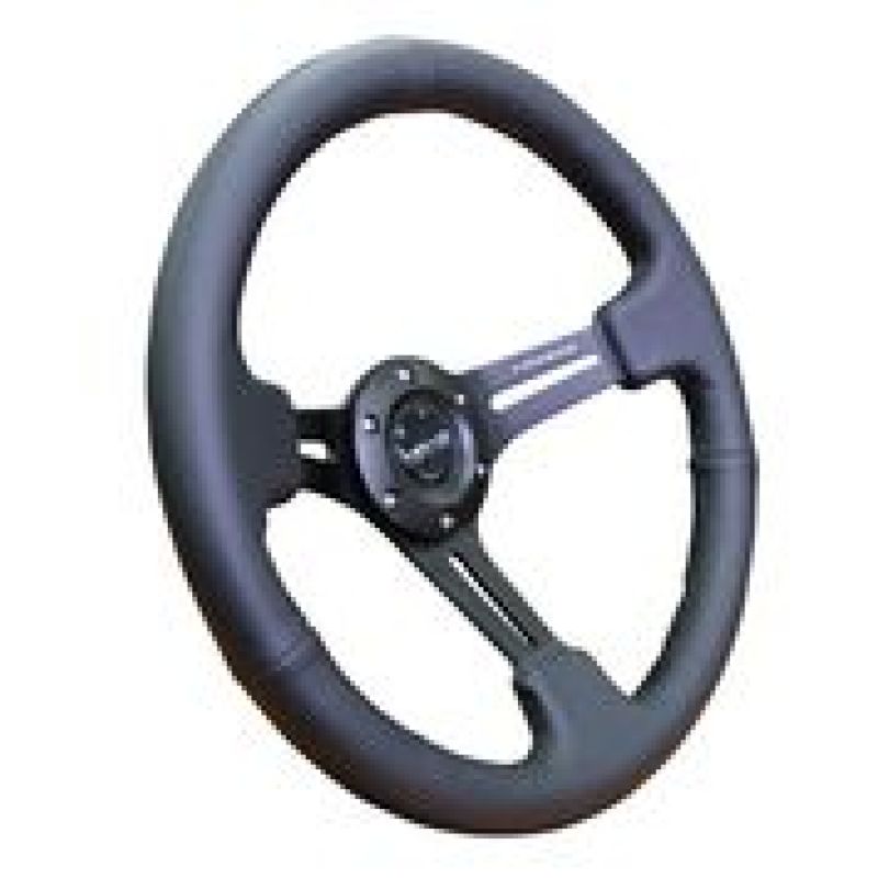 NRG Reinforced Steering Wheel (350mm / 3in. Deep) Black Leather w/ Black Stitching - Racecraft Industries
