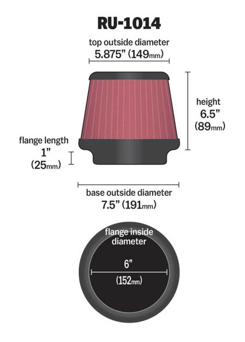 K&N Universal Tapered Filter 6in Flange ID x 7.5in Base OD x 5.875in Top OD x 6.5in Height - Racecraft Industries