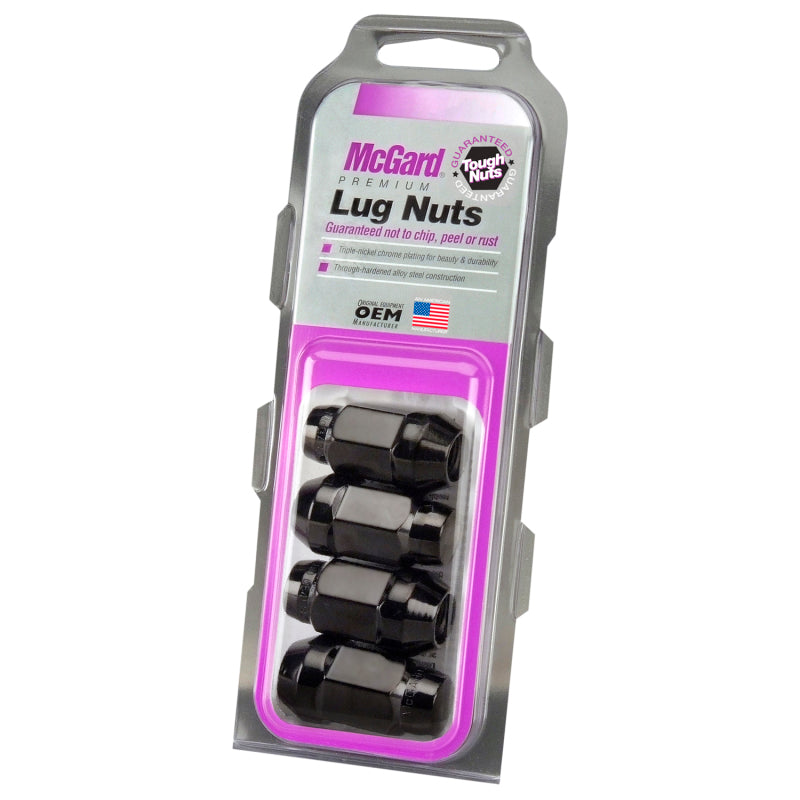 McGard Hex Lug Nut (Cone Seat Bulge Style) M12X1.5 / 3/4 Hex / 1.45in. Length (4-Pack) - Black - Racecraft Industries