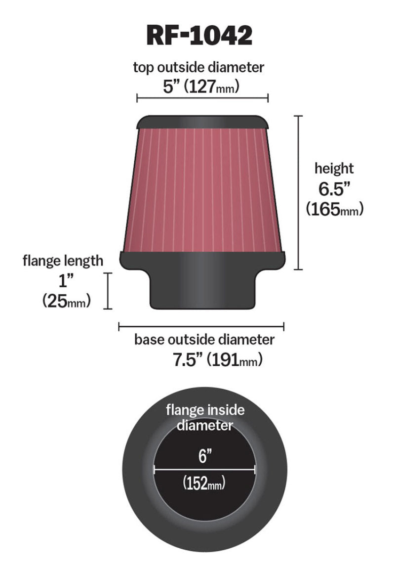K&N Round Tapered Universal Air Filter 6in Flange ID x 7.5in Base OD x 5in Top OD x 6.5in Height - Racecraft Industries
