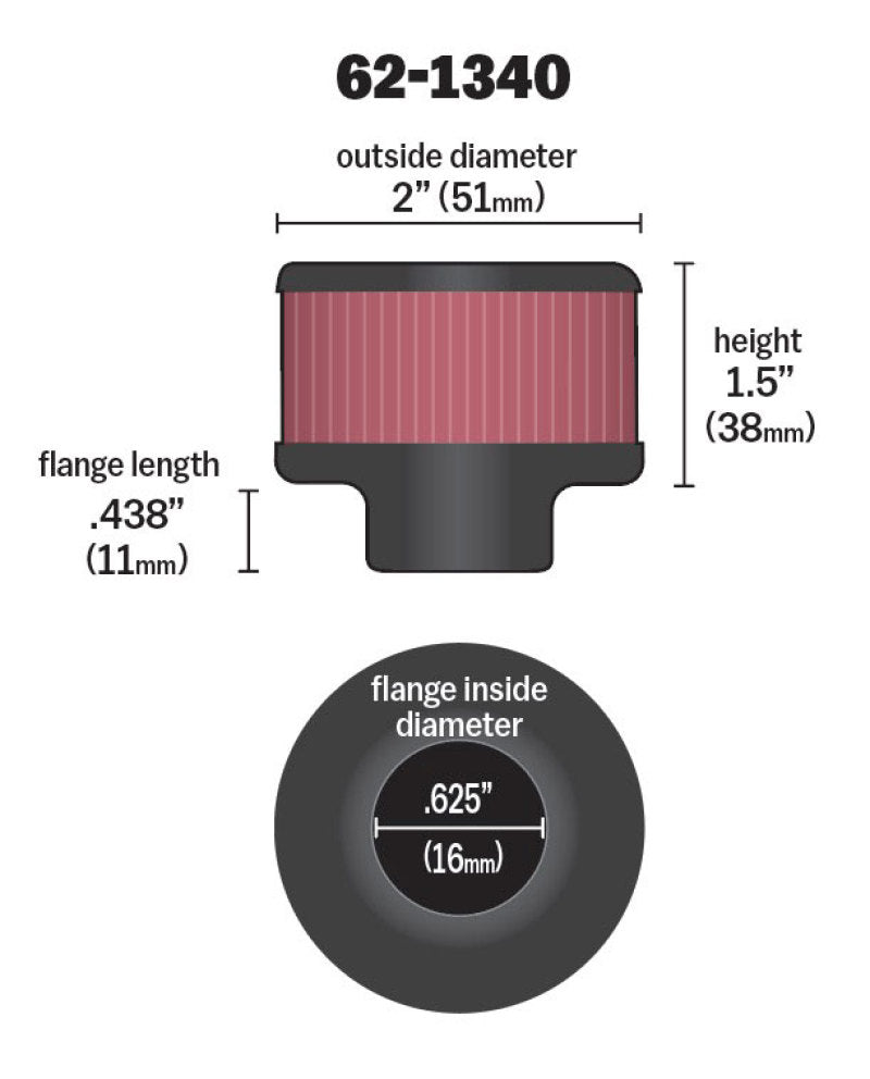 K&N 0.625 inch ID 2 inch OD 1.5 inch H Clamp On Crankcase Vent Filter - Racecraft Industries