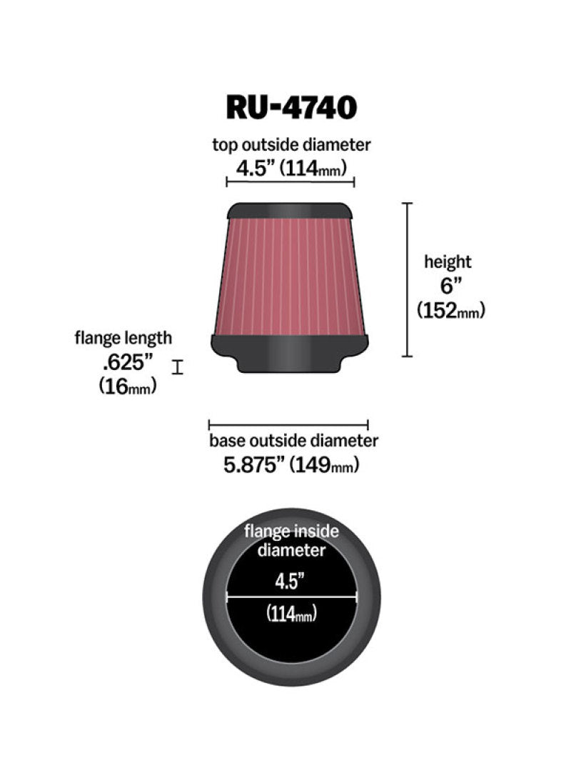 K&N Filter Universal Rubber Filter Round Tapered 4.5in Flange 5.875in Base 4.5 inch Top 6in Height - Racecraft Industries
