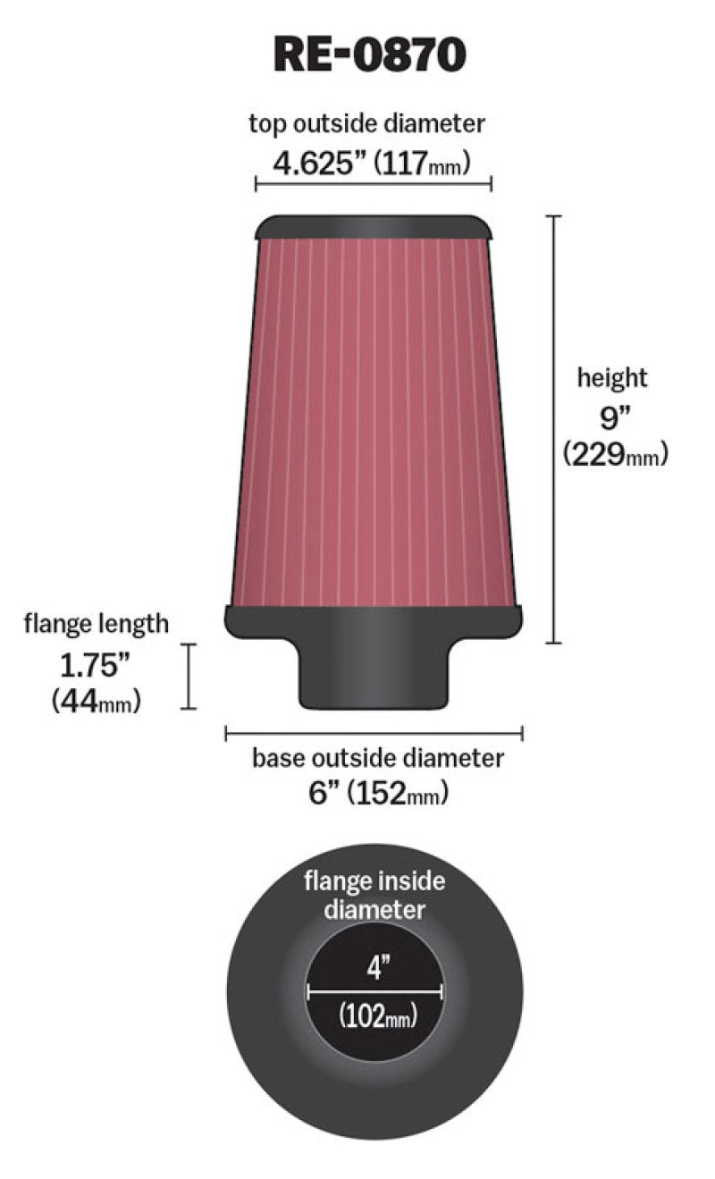 K&N Universal Rubber Filter 4inch FLG / 6inch OD-B / 4-5/8inch OD-T / 9inch H - Racecraft Industries