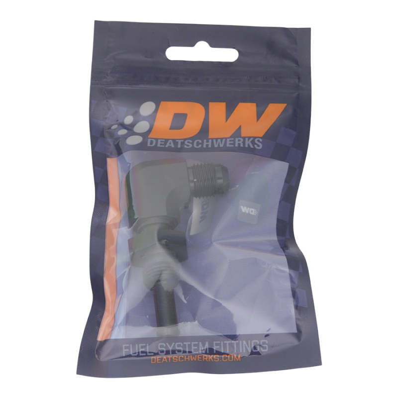 DeatschWerks 6AN Male Flare to 5/16in Male Barb Bulkhead Adapter 90-Degree - Anodized Matte Black - Racecraft Industries