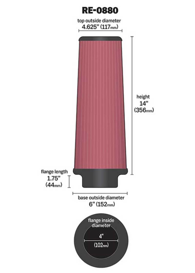 K&N Universal Rubber Filter 4inch FLG / 6inch OD-B / 4-5/8inch OD-T / 14inch H - Racecraft Industries