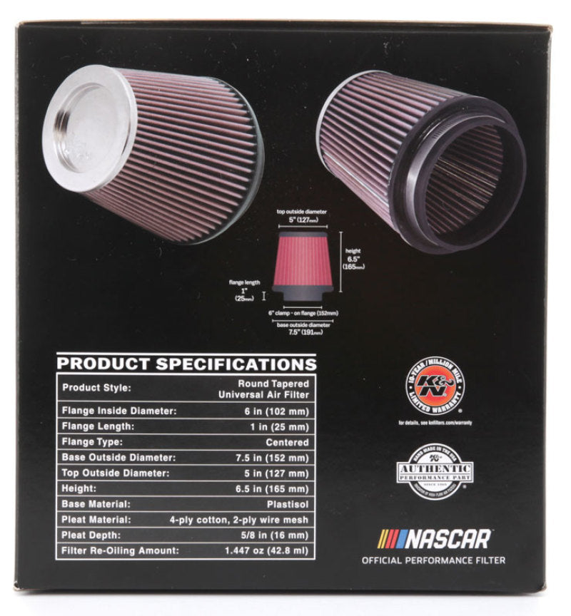 K&N Round Tapered Universal Air Filter 6in Flange ID x 7.5in Base OD x 5in Top OD x 6.5in Height - Racecraft Industries