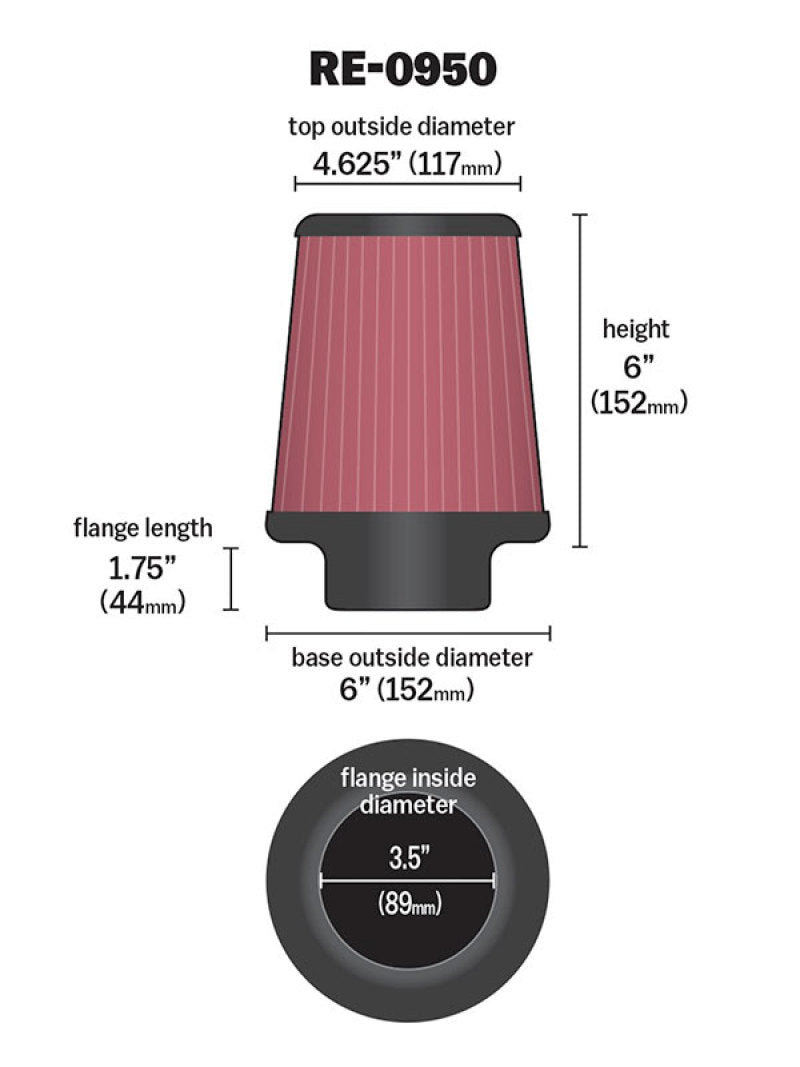 K&N Universal Rubber Filter 3 1/2inch ID FLG / 6inch Base / 4-5/8inch Top / 6inch Height - Racecraft Industries