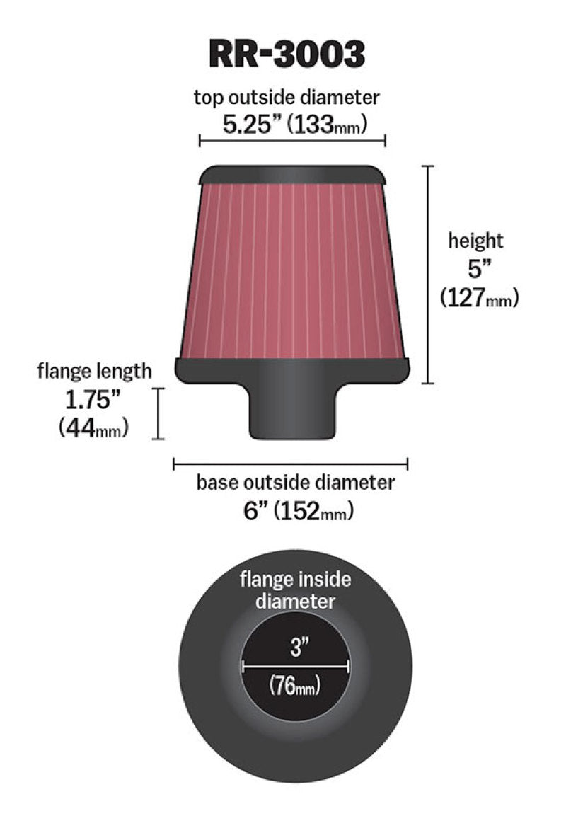 K&N Universal Filter 3 inch Flange 6 inch Base 5 1/4 inch Top 5 inch Height w/ Polished Top - Racecraft Industries