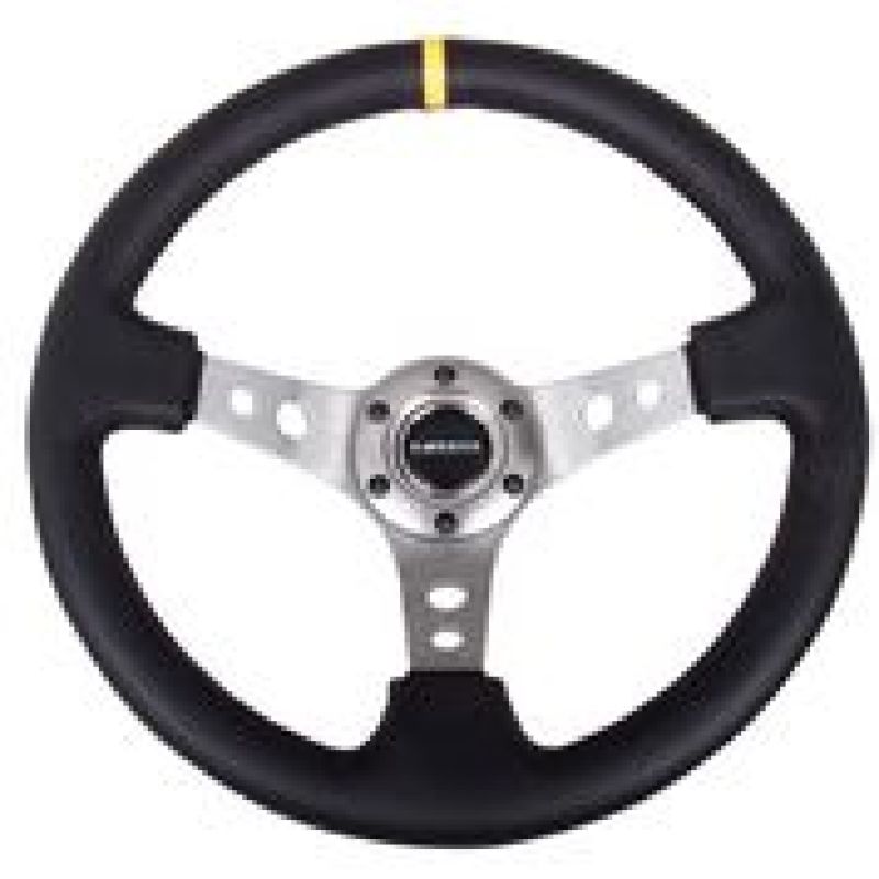 NRG Reinforced Steering Wheel (350mm / 3in. Deep) Blk Leather w/Gunmetal Cutout Spoke & Yellow CM - Racecraft Industries