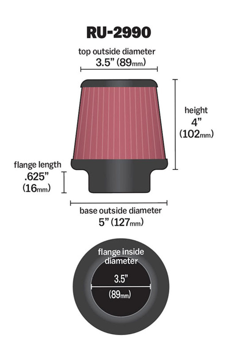 K&N Filter Universal Rubber Filter 3 1/2 inch Flange 5 inch Base 3 1/2 inch Top 4 inch Height - Racecraft Industries