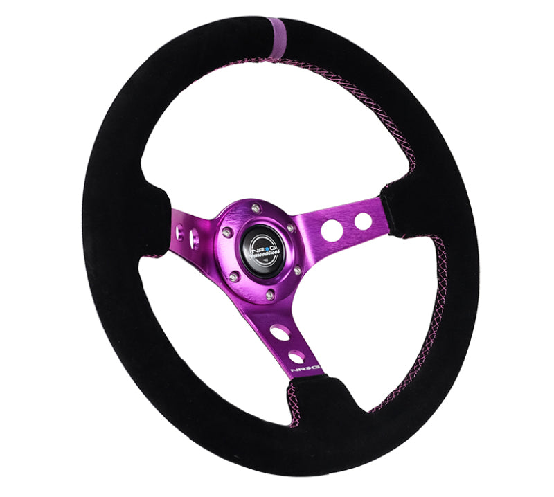 NRG Reinforced Steering Wheel (350mm / 3in. Deep) Black Suede w/Purple Center & Purple Stitching - Racecraft Industries