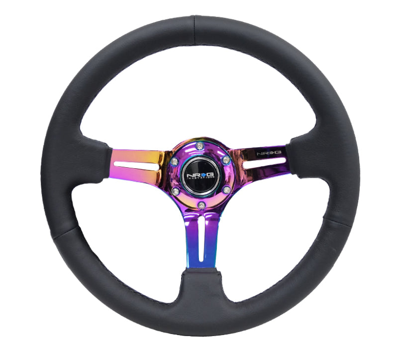 NRG Reinforced Steering Wheel (350mm / 3in. Deep) Blk Leather/Blk Stitch w/Neochrome Slits - Racecraft Industries
