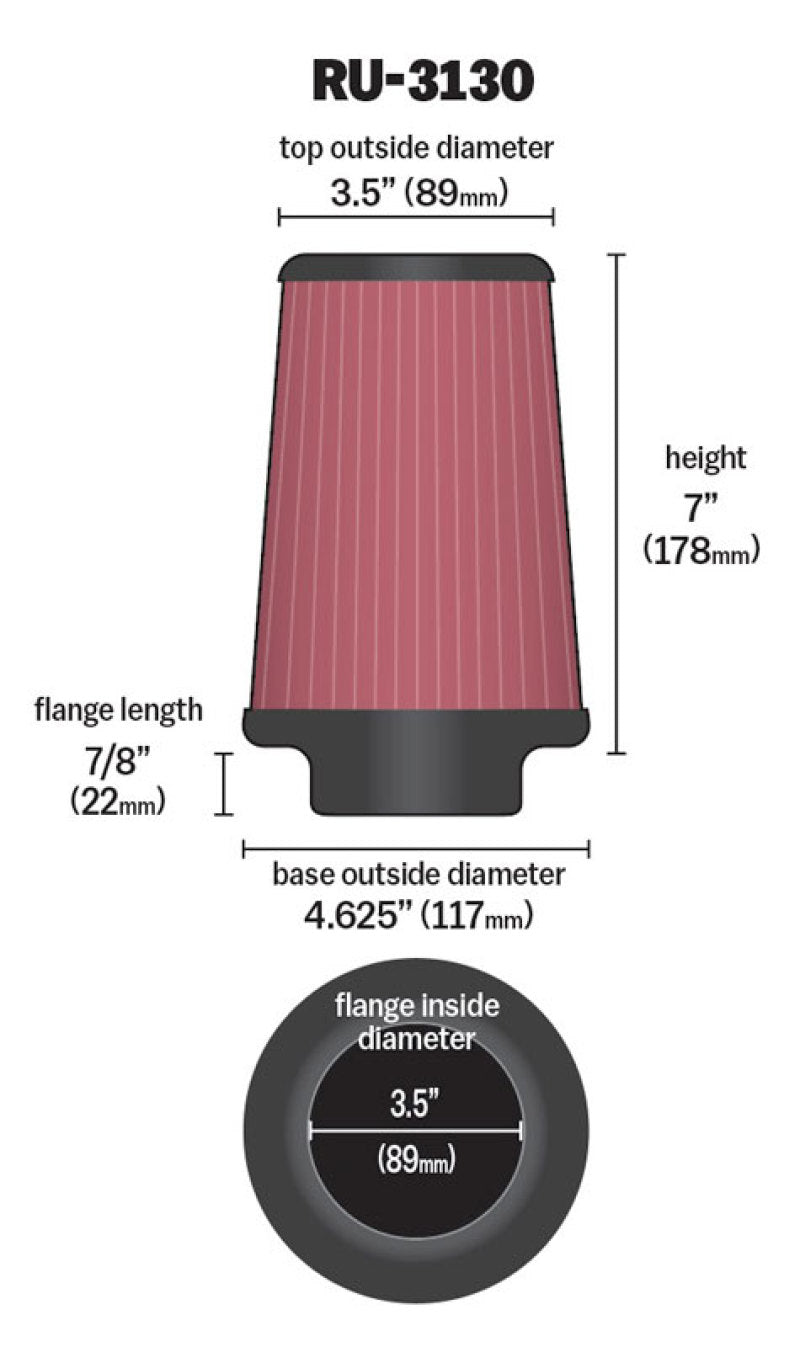 K&N Filter Universal Rubber Filter 3 1/2 inch Flange 4 5/8 inch Base 3 1/2 inch Top 7 inch Height - Racecraft Industries