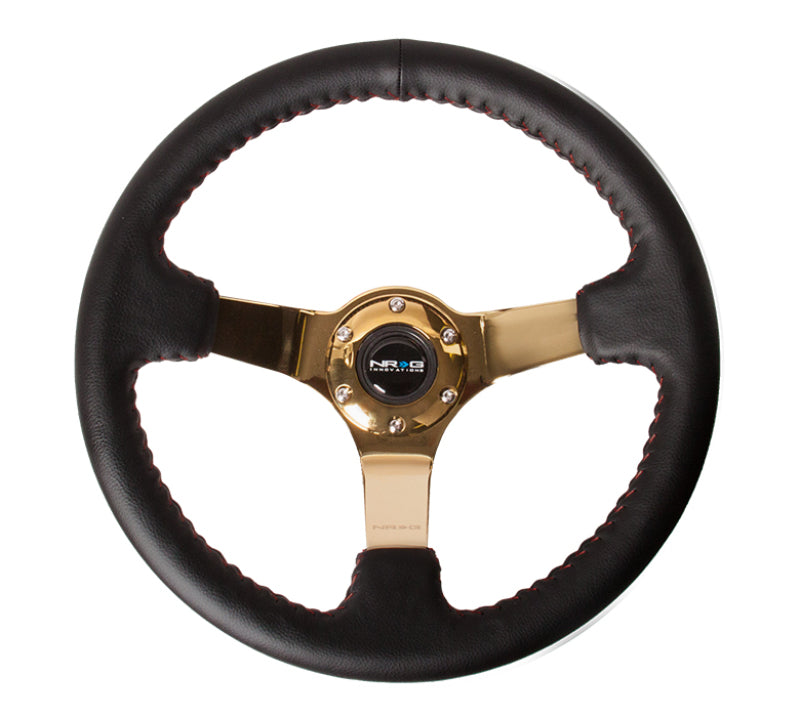 NRG Reinforced Steering Wheel (350mm / 3in. Deep) Blk Leather/Red BBall Stitch w/4mm Gold Spokes - Racecraft Industries