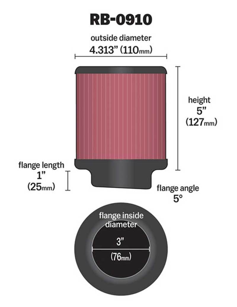 K&N Universal Rubber Filter 3 inch 5 Degree FLG 4 1/2 inch OD 5 inch Height - Racecraft Industries