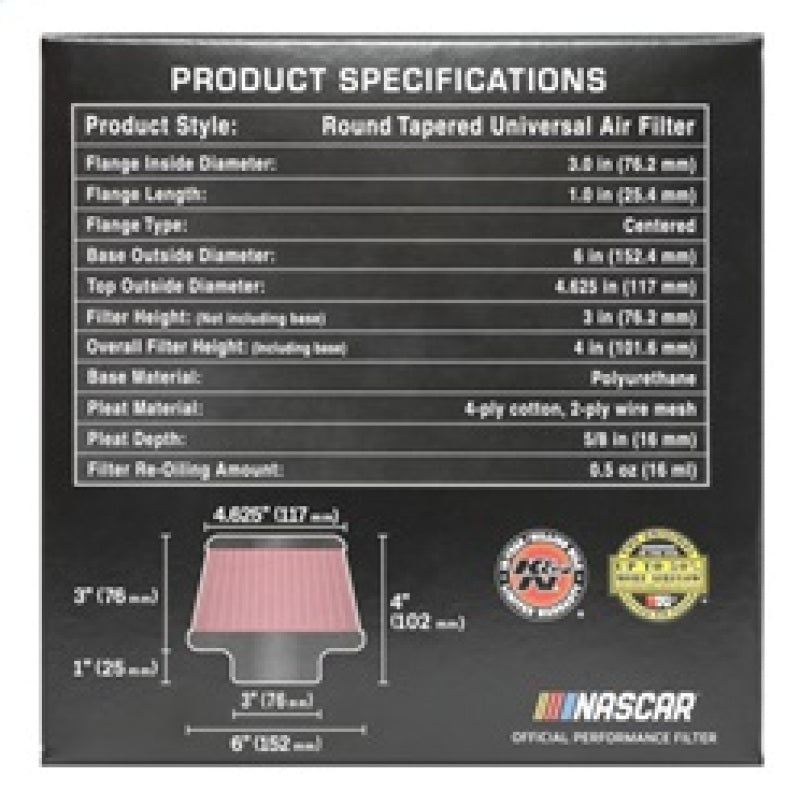 K&N Universal Round Clamp-On Air Filter 3in Flange ID x 6in Base OD x 4.625in Top OD x 3in Height - Racecraft Industries