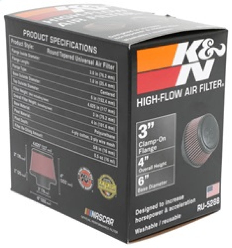 K&N Universal Round Clamp-On Air Filter 3in Flange ID x 6in Base OD x 4.625in Top OD x 3in Height - Racecraft Industries