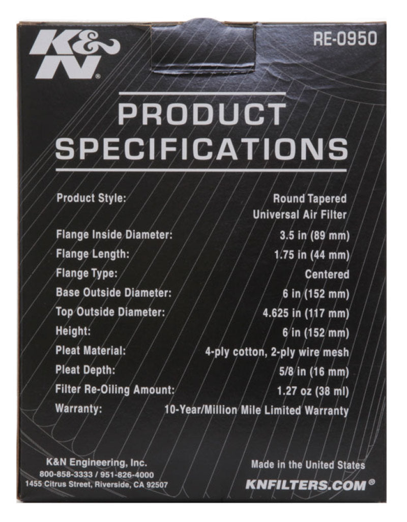 K&N Universal Rubber Filter 3 1/2inch ID FLG / 6inch Base / 4-5/8inch Top / 6inch Height - Racecraft Industries