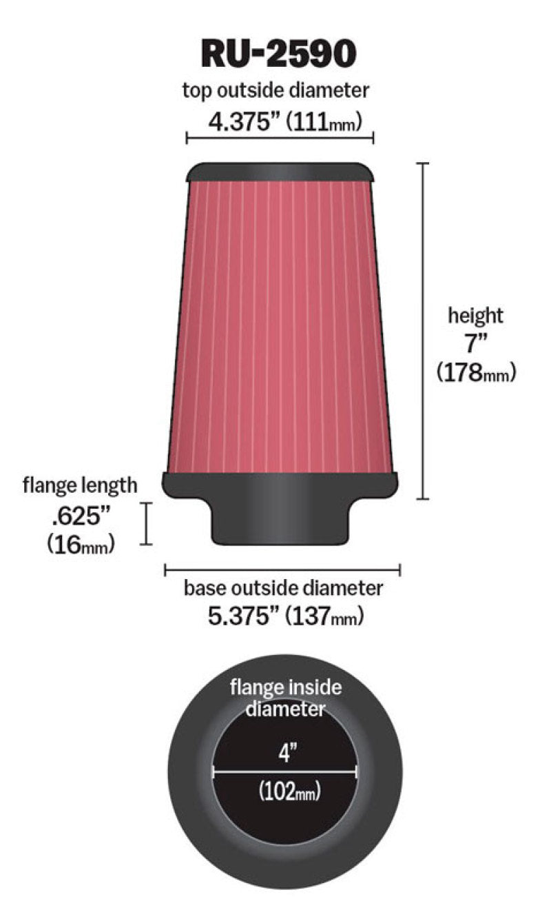 K&N Filter Universal Rubber Filter 4 inch Flange 5 3/8 inch Base 4 3/8 inch Top 7 inch Height - Racecraft Industries