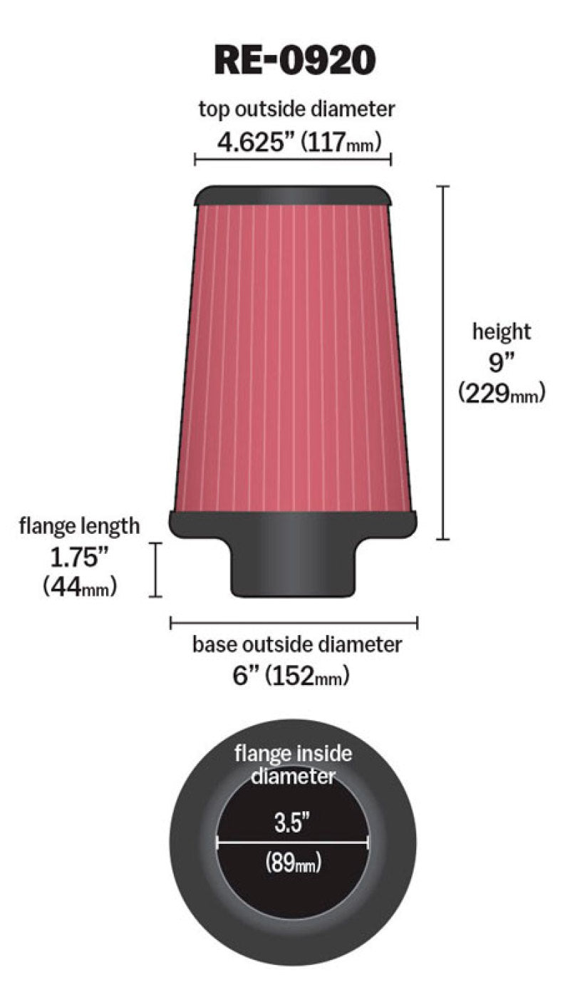 K&N Universal Rubber Filter 3 1/2inch ID FLG / 6inch Base / 4-5/8inch Top / 9inch Height - Racecraft Industries