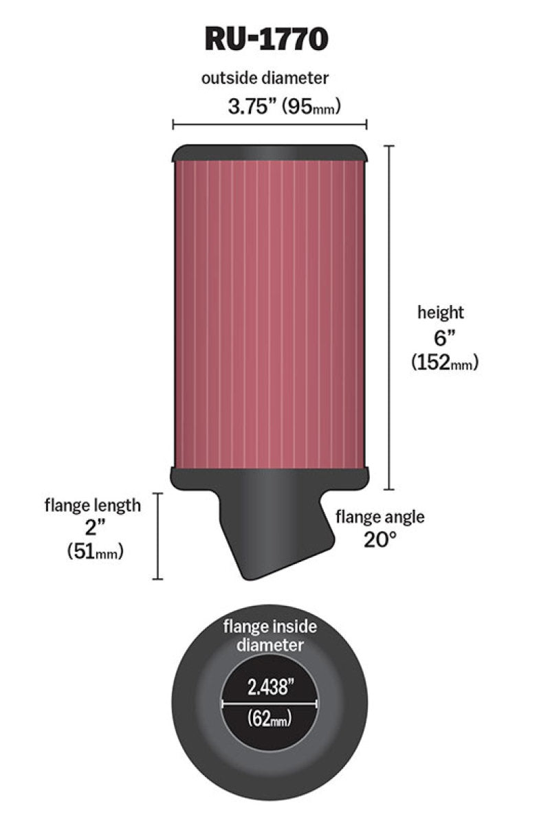 K&N Filter Universal Rubber Filter 2 7/16 inch 20 Degree Flange 3 3/4 inch OD 6 inch Height - Racecraft Industries